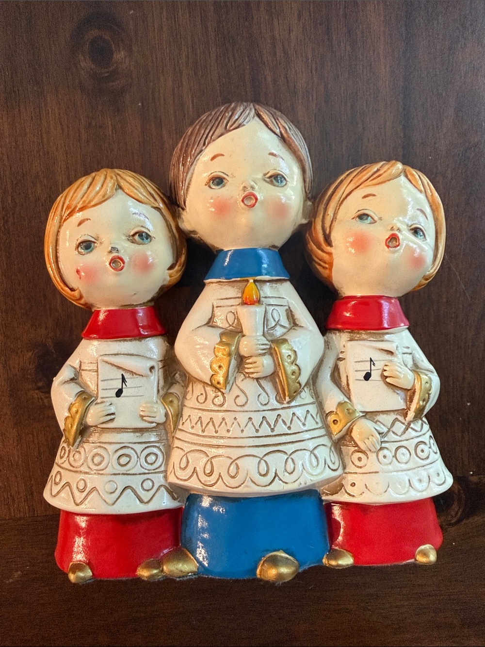 Vintage Christmas Ceramic Choir Trio Figurine - Cream, Red & Blue MCM